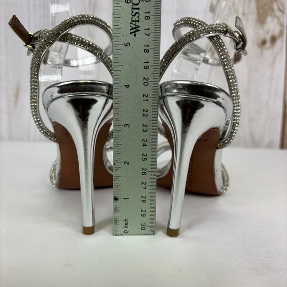 BCBGMaxazria Leather Heels Rhinestone Strappy Stiletto Elegant Pumps Silver Sz 9 - Picture 16 of 16